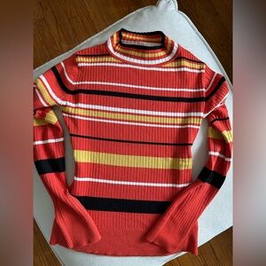 Voodoo 70's Black Red Orange Stripped Crewneck Sweater Ribbed Long Sleeve Large